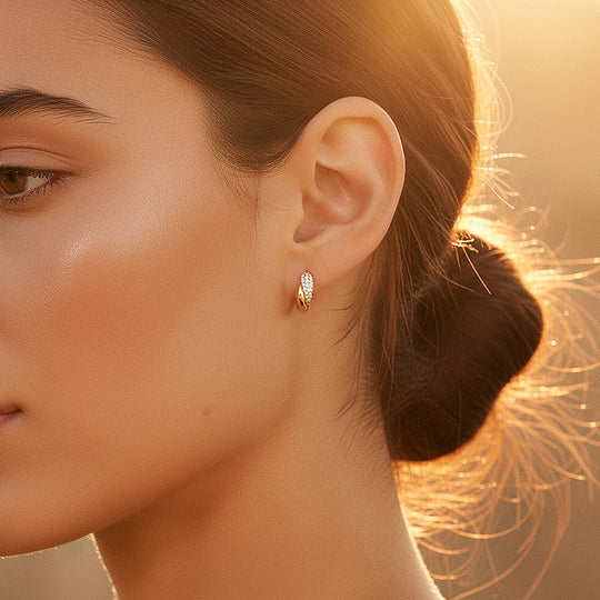 Twisted Pavé Duo Huggie Earrings | Moissanite | 14K Gold Plated 925 Sterling Silver | Prm8136 - Earrings | Singapore Jewellery, Wedding Rings &amp; Gifts | Same Day Delivery | Tiara.com.sg