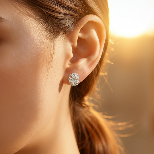 Oval Double Halo Stud Earrings | Moissanite | 925 Sterling Silver | Prm8137 - Earrings | Singapore Jewellery, Wedding Rings &amp; Gifts | Same Day Delivery | Tiara.com.sg