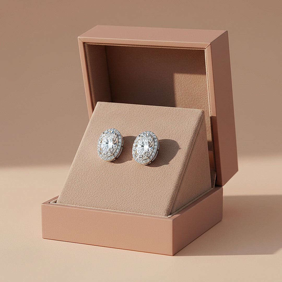 Oval Double Halo Stud Earrings | Moissanite | 925 Sterling Silver | Prm8137 - Earrings | Singapore Jewellery, Wedding Rings &amp; Gifts | Same Day Delivery | Tiara.com.sg