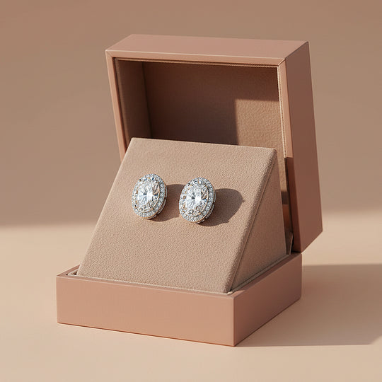 Oval Double Halo Stud Earrings | Moissanite | 925 Sterling Silver | Prm8137 - Earrings | Singapore Jewellery, Wedding Rings &amp; Gifts | Same Day Delivery | Tiara.com.sg