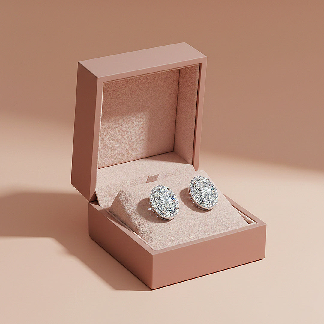 Oval Double Halo Stud Earrings | Moissanite | 925 Sterling Silver | Prm8137 - Earrings | Singapore Jewellery, Wedding Rings &amp; Gifts | Same Day Delivery | Tiara.com.sg