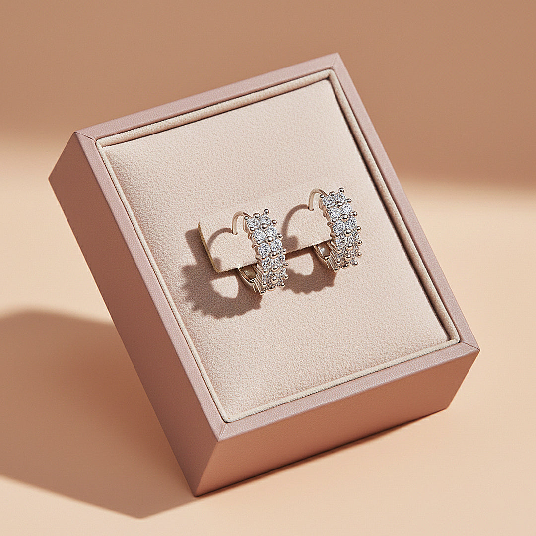 Double Row Beaded Huggie Earrings | Moissanite | 925 Sterling Silver | Prm8138 - Earrings | Singapore Jewellery, Wedding Rings &amp; Gifts | Same Day Delivery | Tiara.com.sg