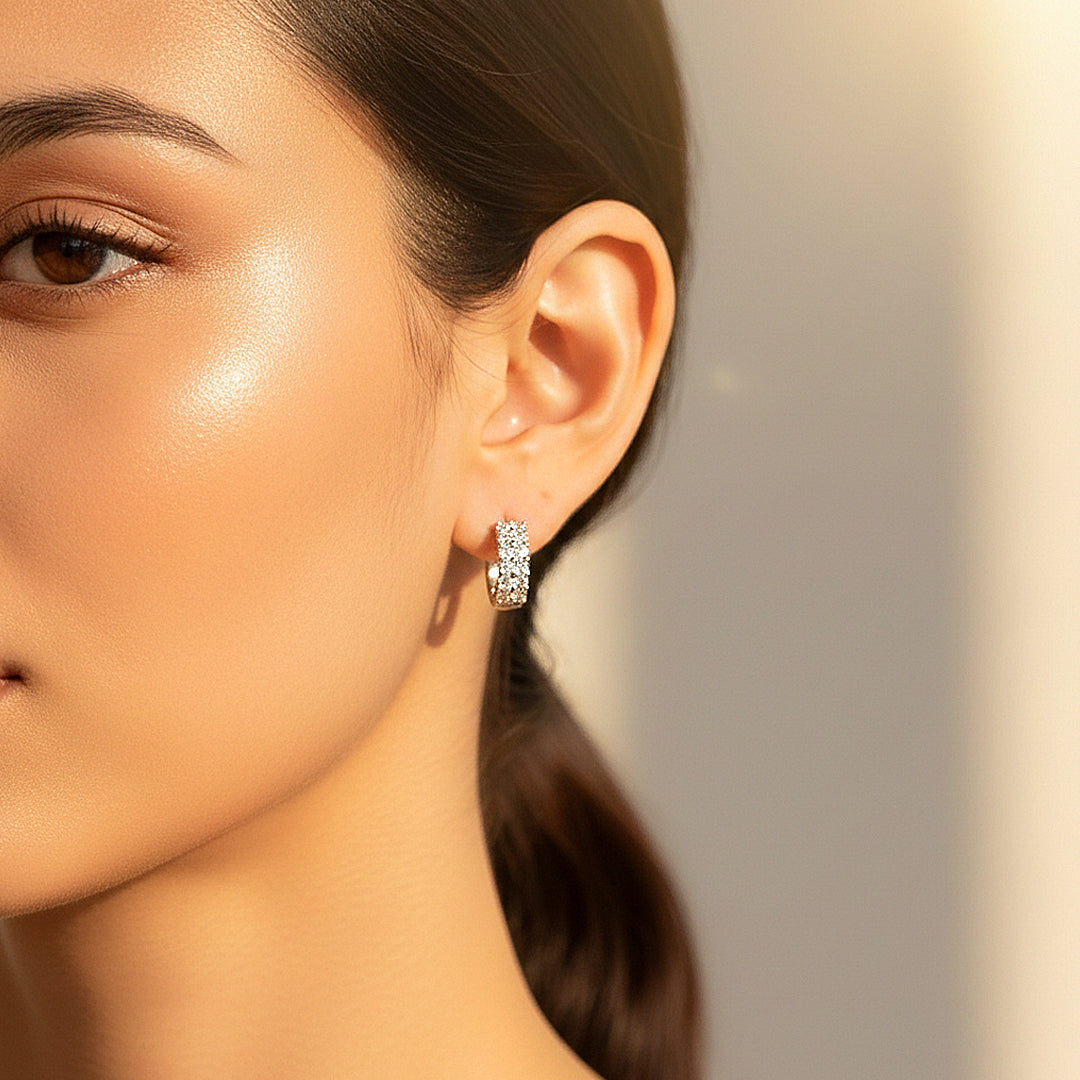 Double Row Beaded Huggie Earrings | Moissanite | 925 Sterling Silver | Prm8138 - Earrings | Singapore Jewellery, Wedding Rings &amp; Gifts | Same Day Delivery | Tiara.com.sg