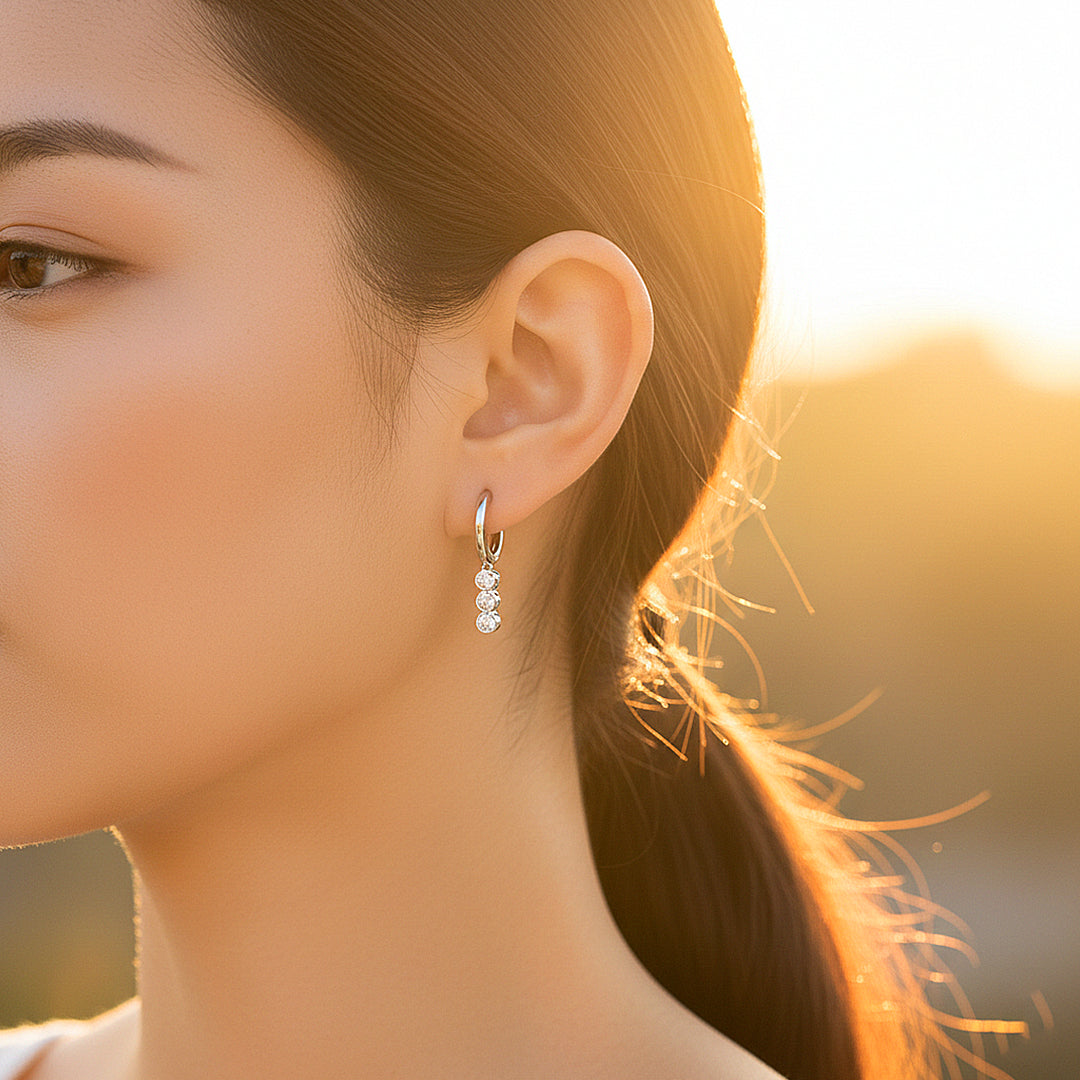 Triple Bezel Drop Huggie Earrings | Moissanite | 925 Sterling Silver | Prm8140 - Earrings | Singapore Jewellery, Wedding Rings &amp; Gifts | Same Day Delivery | Tiara.com.sg