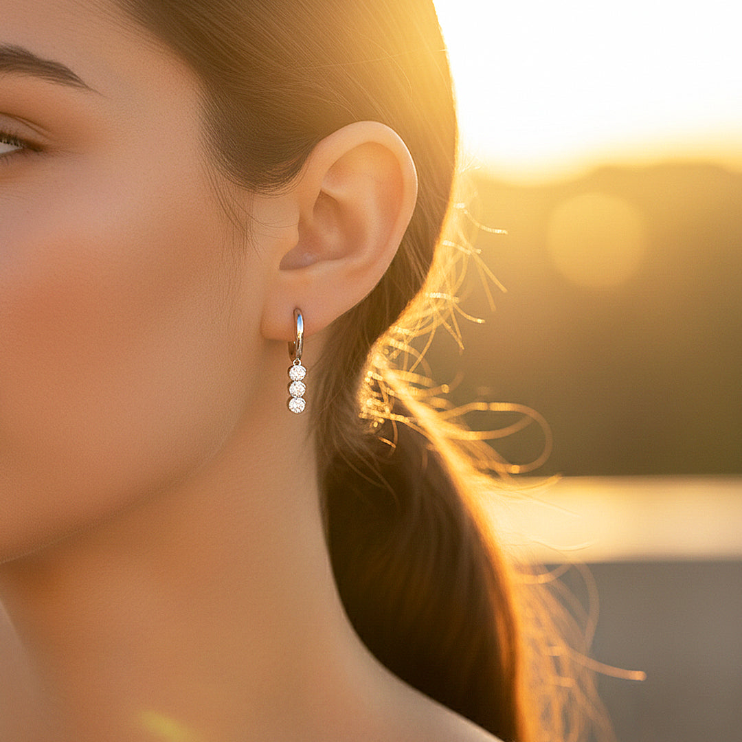 Triple Bezel Drop Huggie Earrings | Moissanite | 925 Sterling Silver | Prm8140 - Earrings | Singapore Jewellery, Wedding Rings &amp; Gifts | Same Day Delivery | Tiara.com.sg