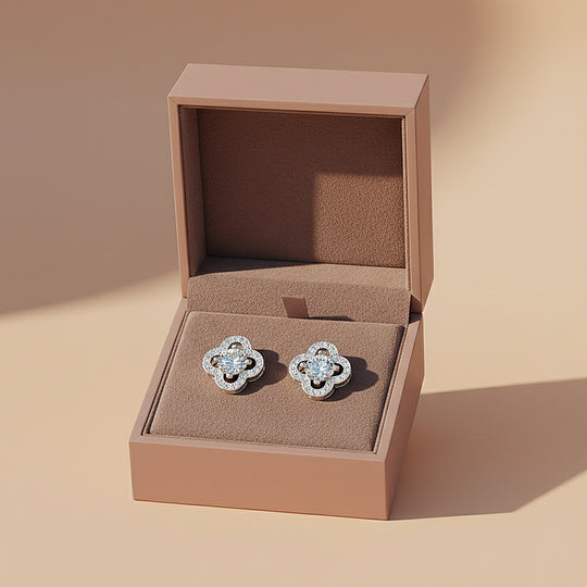 Clover Halo Stud Earrings | Moissanite | 925 Sterling Silver | Prm8141 - Earrings | Singapore Jewellery, Wedding Rings &amp; Gifts | Same Day Delivery | Tiara.com.sg