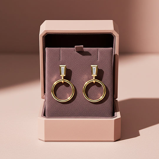 Baguette &amp; Hoop Drop Earrings | Diamond Simulant | 14K Gold Plated 925 Sterling Silver | Prm8142 - Earrings | Singapore Jewellery, Wedding Rings &amp; Gifts | Same Day Delivery | Tiara.com.sg