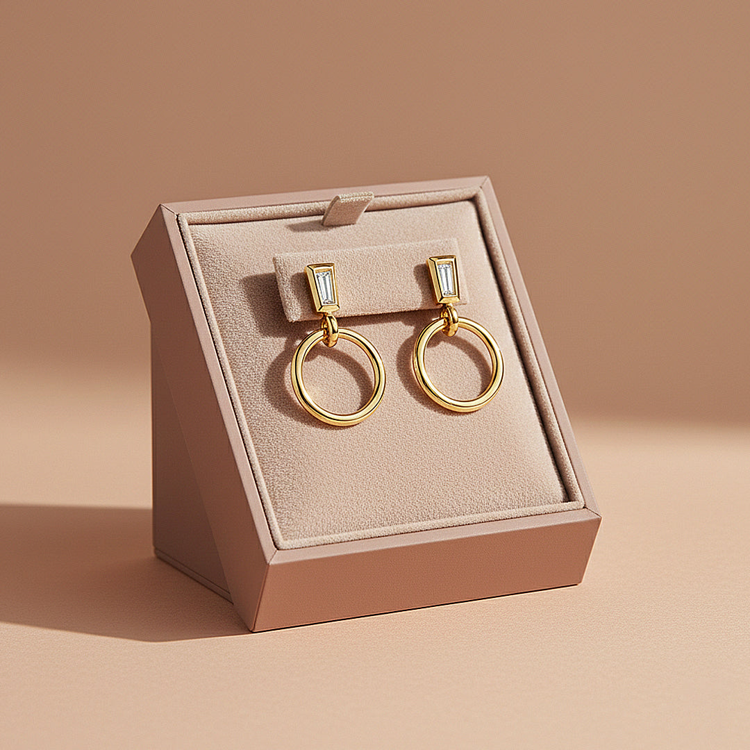 Baguette &amp; Hoop Drop Earrings | Diamond Simulant | 14K Gold Plated 925 Sterling Silver | Prm8142 - Earrings | Singapore Jewellery, Wedding Rings &amp; Gifts | Same Day Delivery | Tiara.com.sg