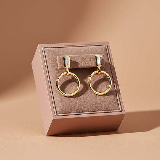 Baguette &amp; Hoop Drop Earrings | Diamond Simulant | 14K Gold Plated 925 Sterling Silver | Prm8142 - Earrings | Singapore Jewellery, Wedding Rings &amp; Gifts | Same Day Delivery | Tiara.com.sg