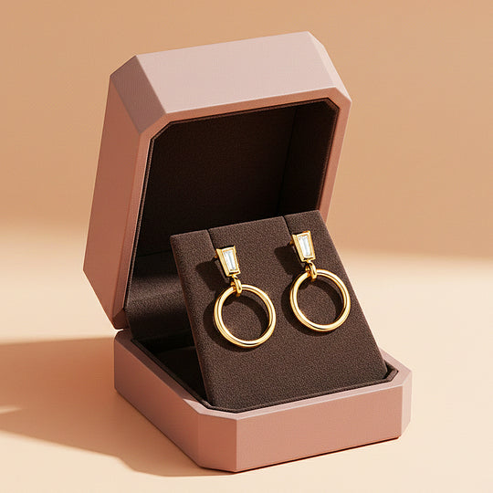 Baguette &amp; Hoop Drop Earrings | Diamond Simulant | 14K Gold Plated 925 Sterling Silver | Prm8142 - Earrings | Singapore Jewellery, Wedding Rings &amp; Gifts | Same Day Delivery | Tiara.com.sg