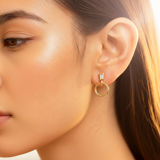 Baguette &amp; Hoop Drop Earrings | Diamond Simulant | 14K Gold Plated 925 Sterling Silver | Prm8142 - Earrings | Singapore Jewellery, Wedding Rings &amp; Gifts | Same Day Delivery | Tiara.com.sg