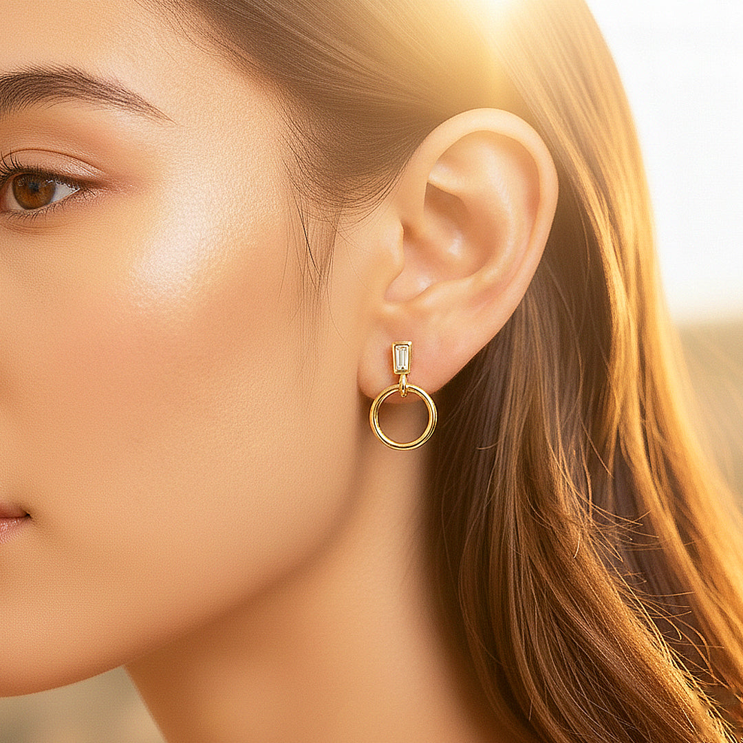 Baguette & Hoop Drop Earrings | Diamond Simulant | 14K Gold Plated 925 Sterling Silver | Prm8142 - Earrings | Singapore Jewellery, Wedding Rings & Gifts | Same Day Delivery | Tiara.com.sg
