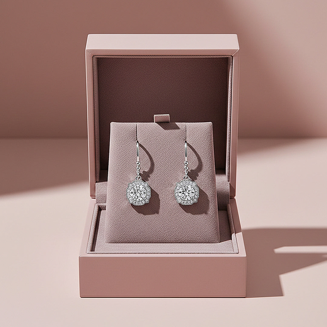 Octagonal Halo Drop Earrings | Moissanite | 925 Sterling Silver | Prm8143 - Earrings | Singapore Jewellery, Wedding Rings &amp; Gifts | Same Day Delivery | Tiara.com.sg