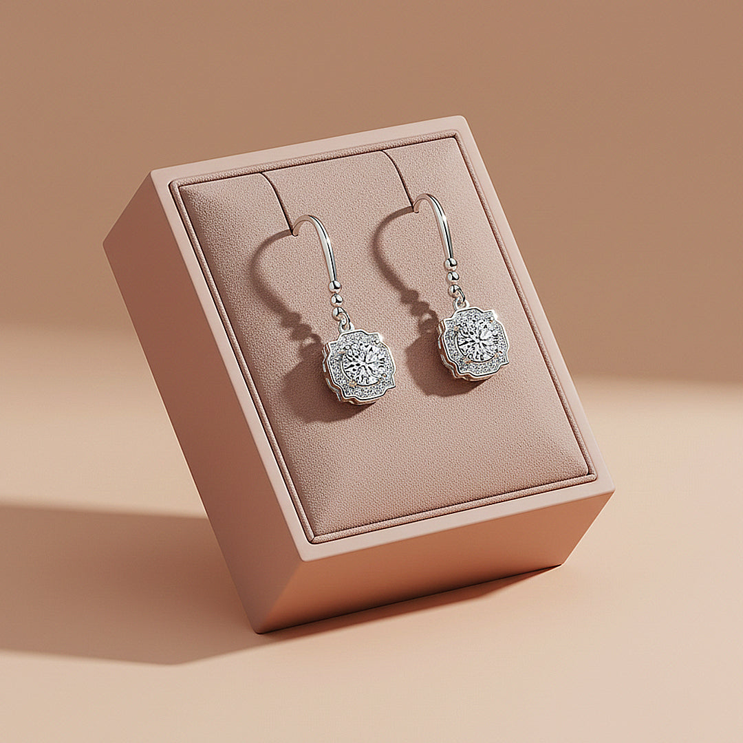 Octagonal Halo Drop Earrings | Moissanite | 925 Sterling Silver | Prm8143 - Earrings | Singapore Jewellery, Wedding Rings &amp; Gifts | Same Day Delivery | Tiara.com.sg