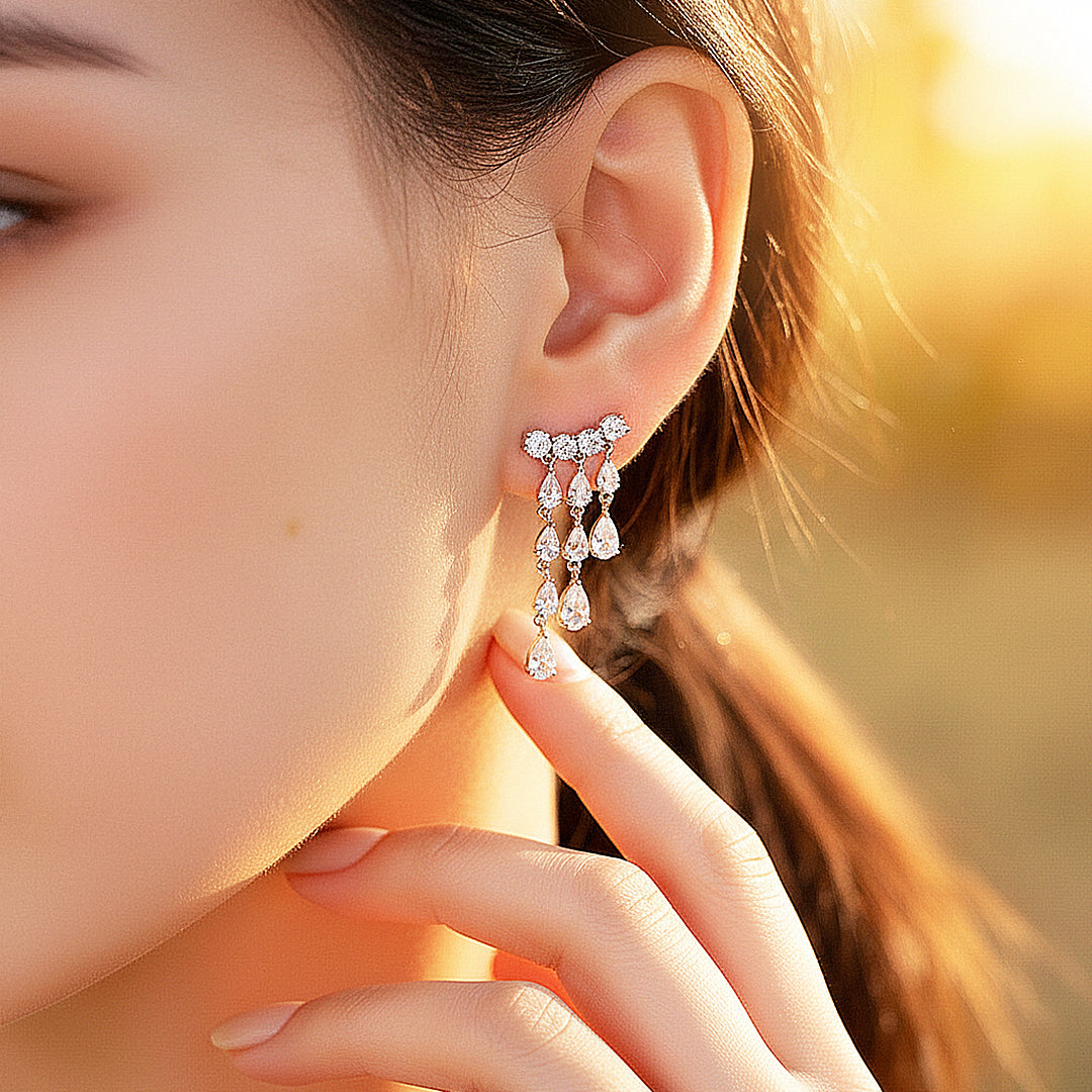 Tiered Chandelier Drop Earrings | Moissanite | 925 Sterling Silver | Prm8145 - Earrings | Singapore Jewellery, Wedding Rings & Gifts | Same Day Delivery | Tiara.com.sg