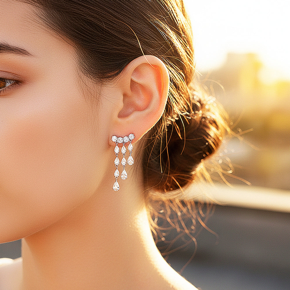 Tiered Chandelier Drop Earrings | Moissanite | 925 Sterling Silver | Prm8145 - Earrings | Singapore Jewellery, Wedding Rings & Gifts | Same Day Delivery | Tiara.com.sg