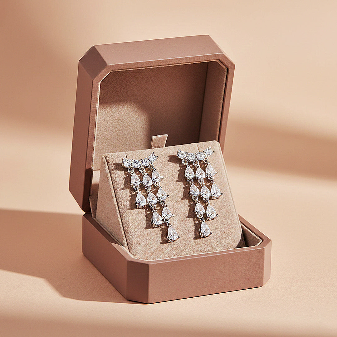 Tiered Chandelier Drop Earrings | Moissanite | 925 Sterling Silver | Prm8145 - Earrings | Singapore Jewellery, Wedding Rings &amp; Gifts | Same Day Delivery | Tiara.com.sg