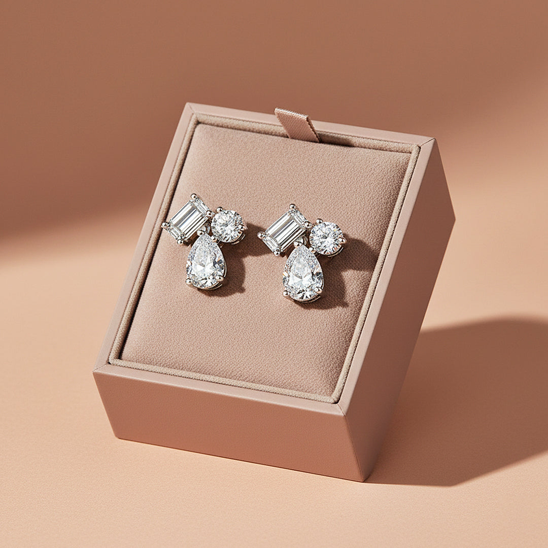 Multi-Shape Cluster Stud Earrings | Moissanite | 925 Sterling Silver | Prm8149 - Earrings | Singapore Jewellery, Wedding Rings &amp; Gifts | Same Day Delivery | Tiara.com.sg