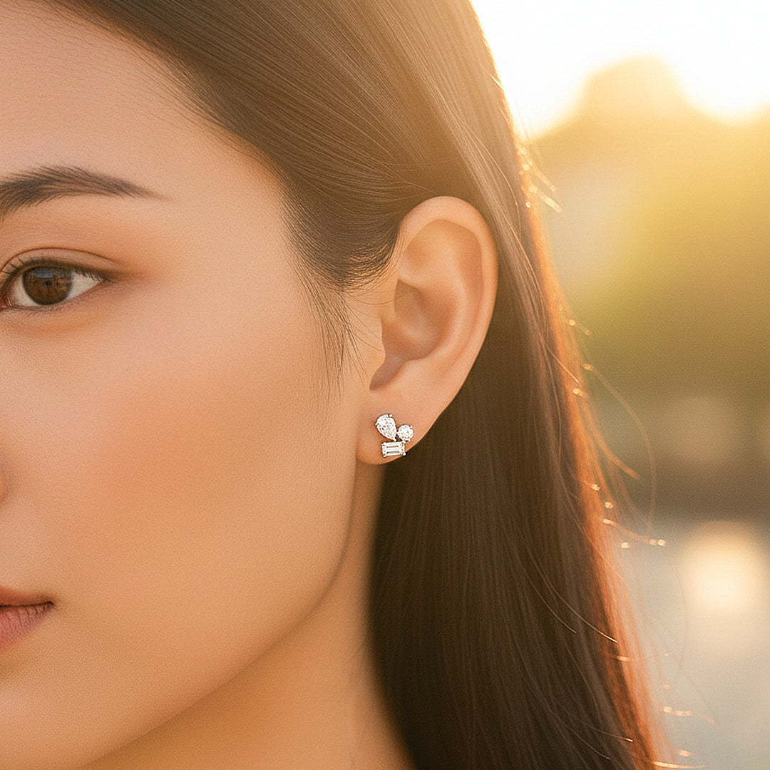 Multi-Shape Cluster Stud Earrings | Moissanite | 925 Sterling Silver | Prm8149 - Earrings | Singapore Jewellery, Wedding Rings &amp; Gifts | Same Day Delivery | Tiara.com.sg