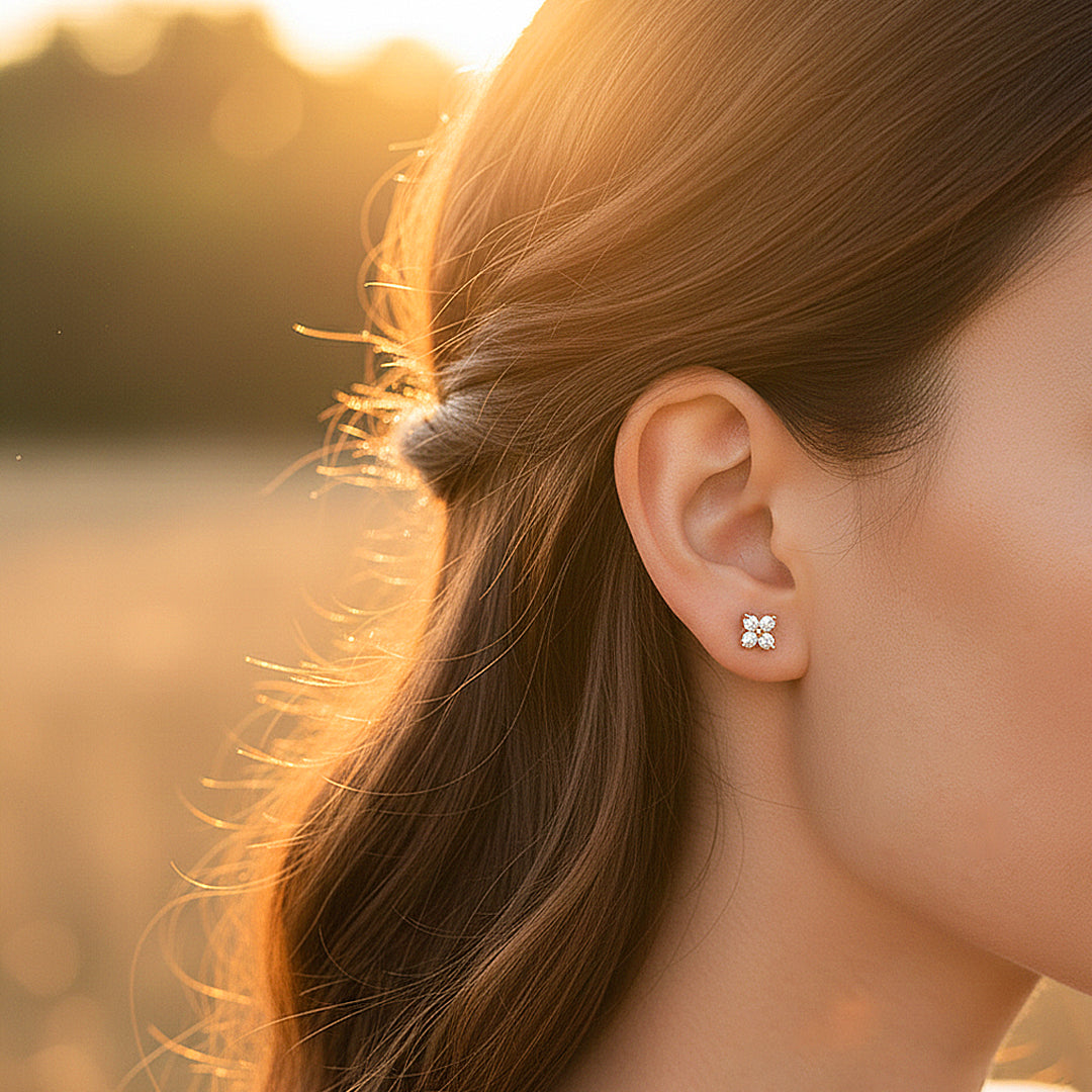 Four-Leaf Clover Stud Earrings | Moissanite | 14K Gold Plated 925 Sterling Silver | Prm8150 - Earrings | Singapore Jewellery, Wedding Rings & Gifts | Same Day Delivery | Tiara.com.sg