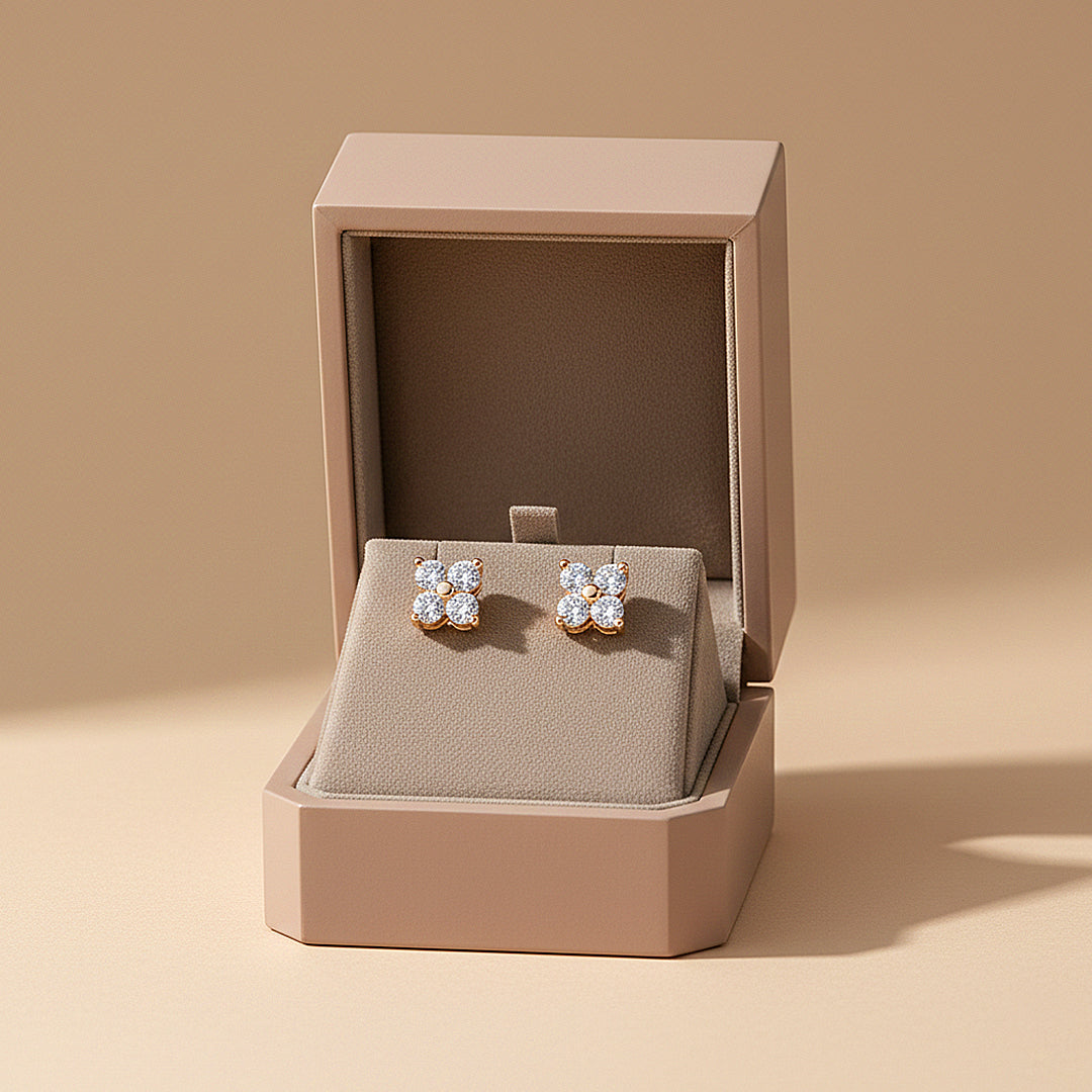 Four-Leaf Clover Stud Earrings | Moissanite | 14K Gold Plated 925 Sterling Silver | Prm8150 - Earrings | Singapore Jewellery, Wedding Rings &amp; Gifts | Same Day Delivery | Tiara.com.sg