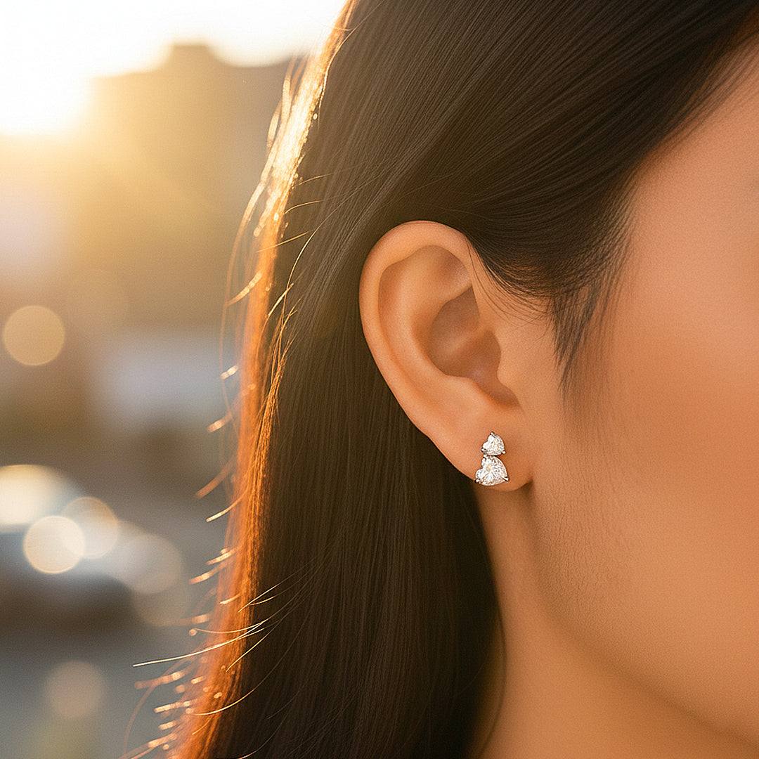 Double Heart Cluster Stud Earrings | Moissanite | 925 Sterling Silver | Prm8153 - Earrings | Singapore Jewellery, Wedding Rings &amp; Gifts | Same Day Delivery | Tiara.com.sg