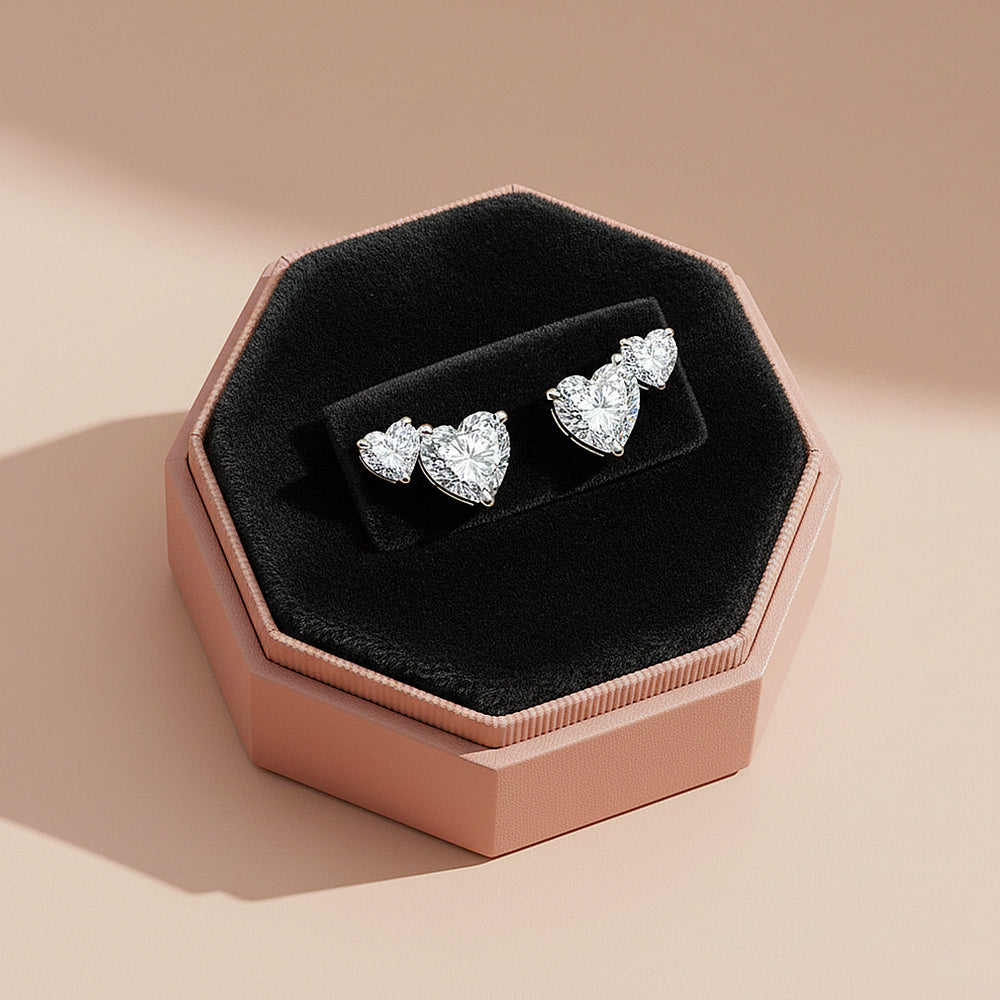 Double Heart Cluster Stud Earrings | Moissanite | 925 Sterling Silver | Prm8153 - Earrings | Singapore Jewellery, Wedding Rings & Gifts | Same Day Delivery | Tiara.com.sg