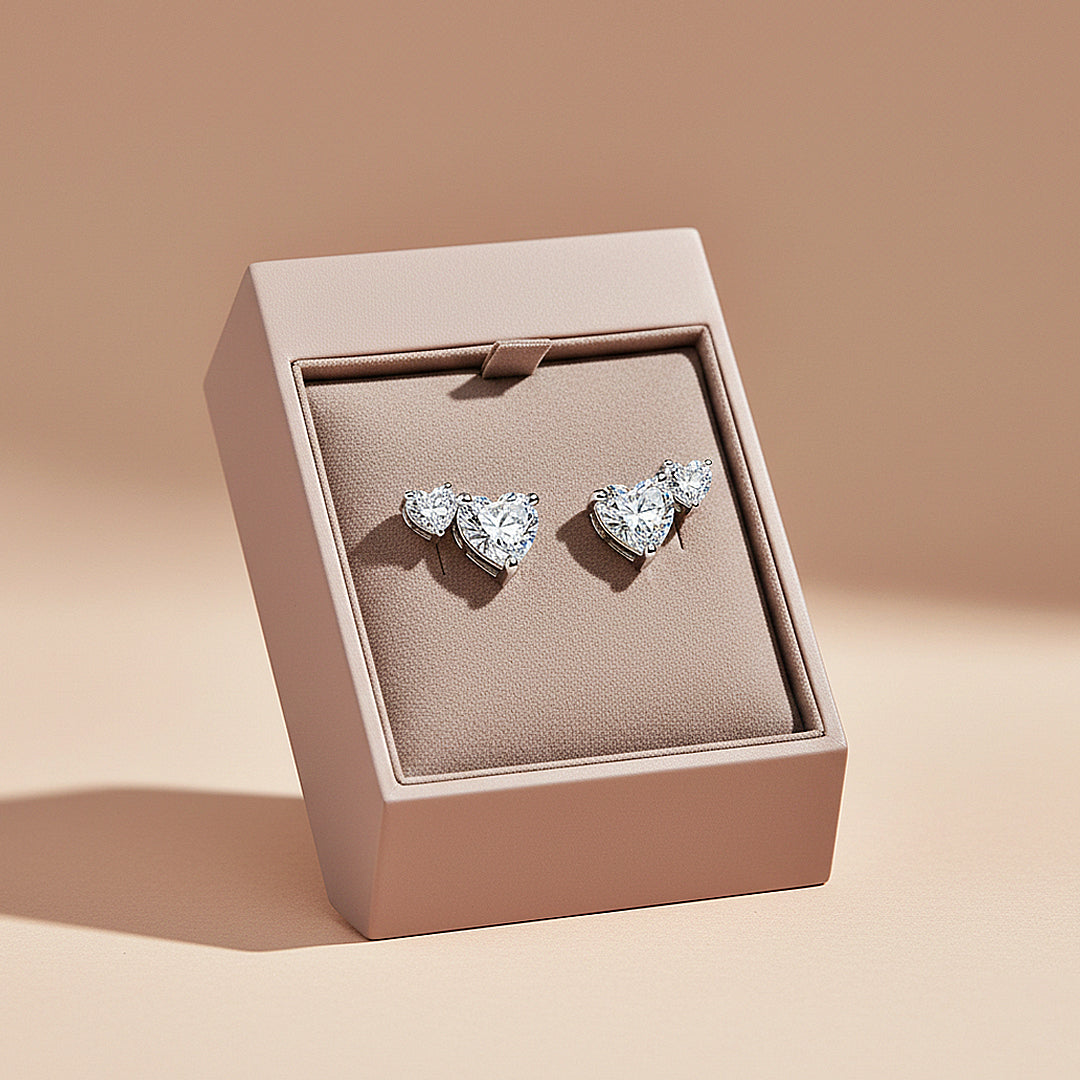 Double Heart Cluster Stud Earrings | Moissanite | 925 Sterling Silver | Prm8153 - Earrings | Singapore Jewellery, Wedding Rings &amp; Gifts | Same Day Delivery | Tiara.com.sg