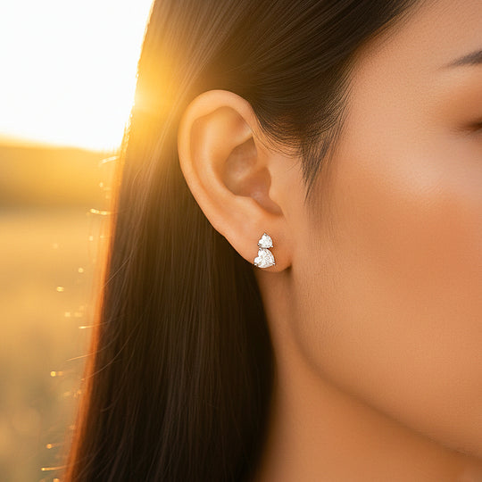 Double Heart Cluster Stud Earrings | Moissanite | 925 Sterling Silver | Prm8153 - Earrings | Singapore Jewellery, Wedding Rings &amp; Gifts | Same Day Delivery | Tiara.com.sg