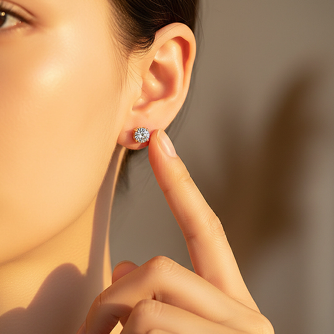 Classic Solitaire Stud Earrings | Moissanite | 14K Gold Plated 925 Sterling Silver | Prm8157 - Earrings | Singapore Jewellery, Wedding Rings & Gifts | Same Day Delivery | Tiara.com.sg
