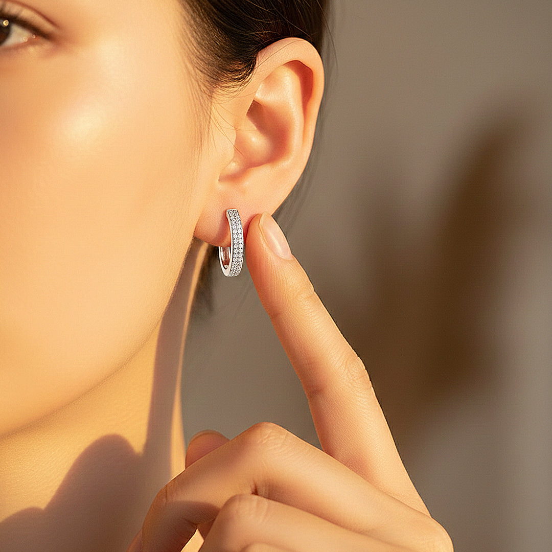 Triple-Row Pavé Huggie Earrings | Moissanite | 925 Sterling Silver | Prm8158 - Earrings | Singapore Jewellery, Wedding Rings & Gifts | Same Day Delivery | Tiara.com.sg