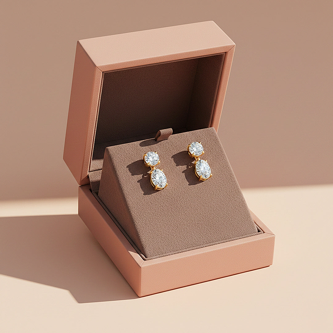 Double Drop Earrings | Moissanite | 14K Gold Plated 925 Sterling Silver | Prm8159 - Earrings | Singapore Jewellery, Wedding Rings &amp; Gifts | Same Day Delivery | Tiara.com.sg