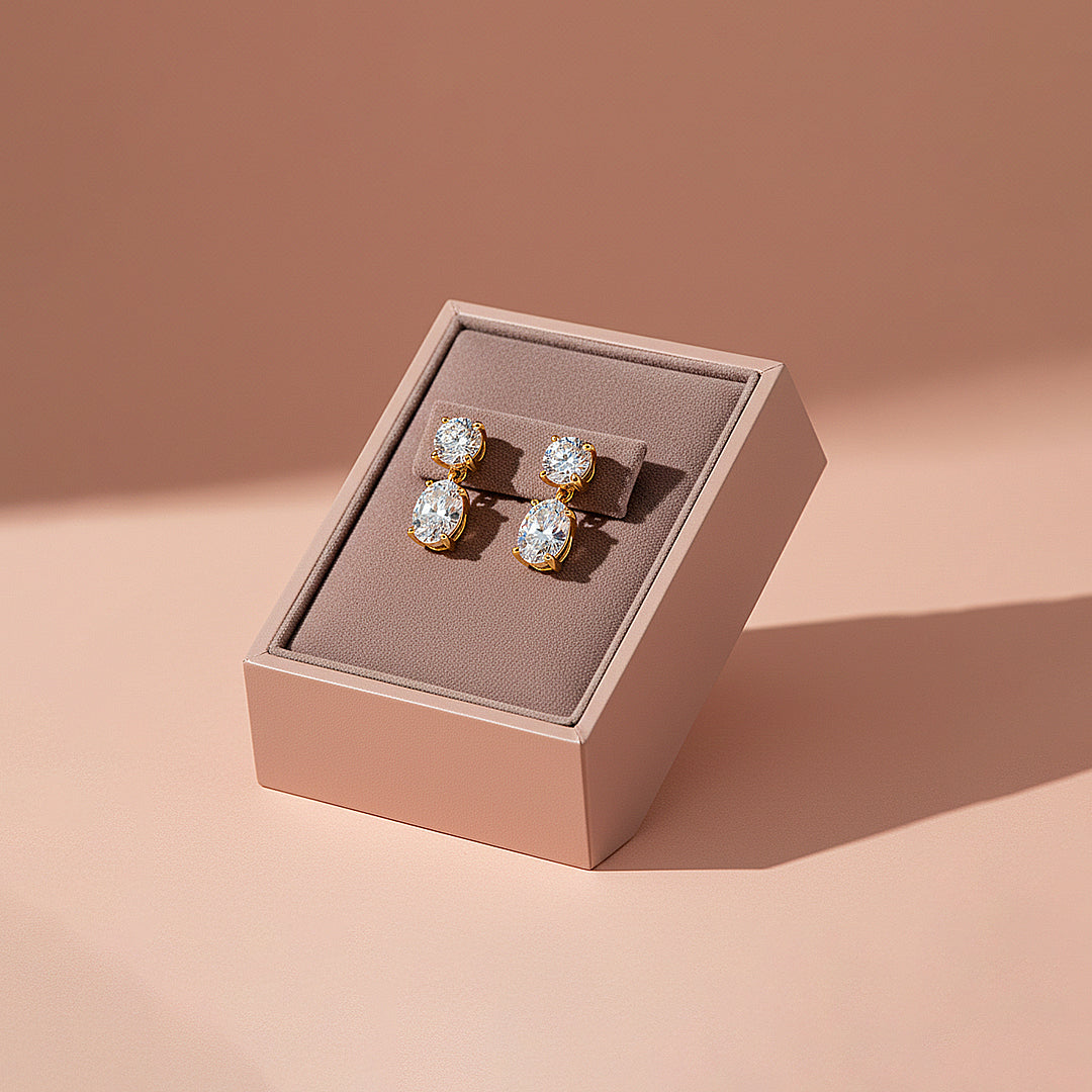 Double Drop Earrings | Moissanite | 14K Gold Plated 925 Sterling Silver | Prm8159 - Earrings | Singapore Jewellery, Wedding Rings &amp; Gifts | Same Day Delivery | Tiara.com.sg