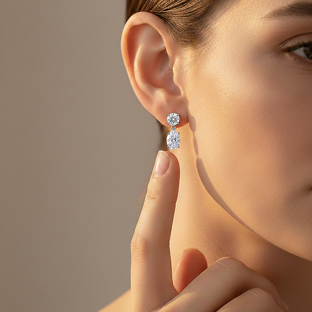 Double Drop Earrings | Moissanite | 14K Gold Plated 925 Sterling Silver | Prm8159 - Earrings | Singapore Jewellery, Wedding Rings &amp; Gifts | Same Day Delivery | Tiara.com.sg