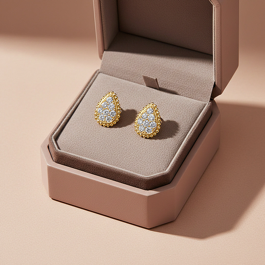 Pear Halo Stud Earrings | Moissanite | 14K Gold Plated 925 Sterling Silver | Prm8160 - Earrings | Singapore Jewellery, Wedding Rings &amp; Gifts | Same Day Delivery | Tiara.com.sg