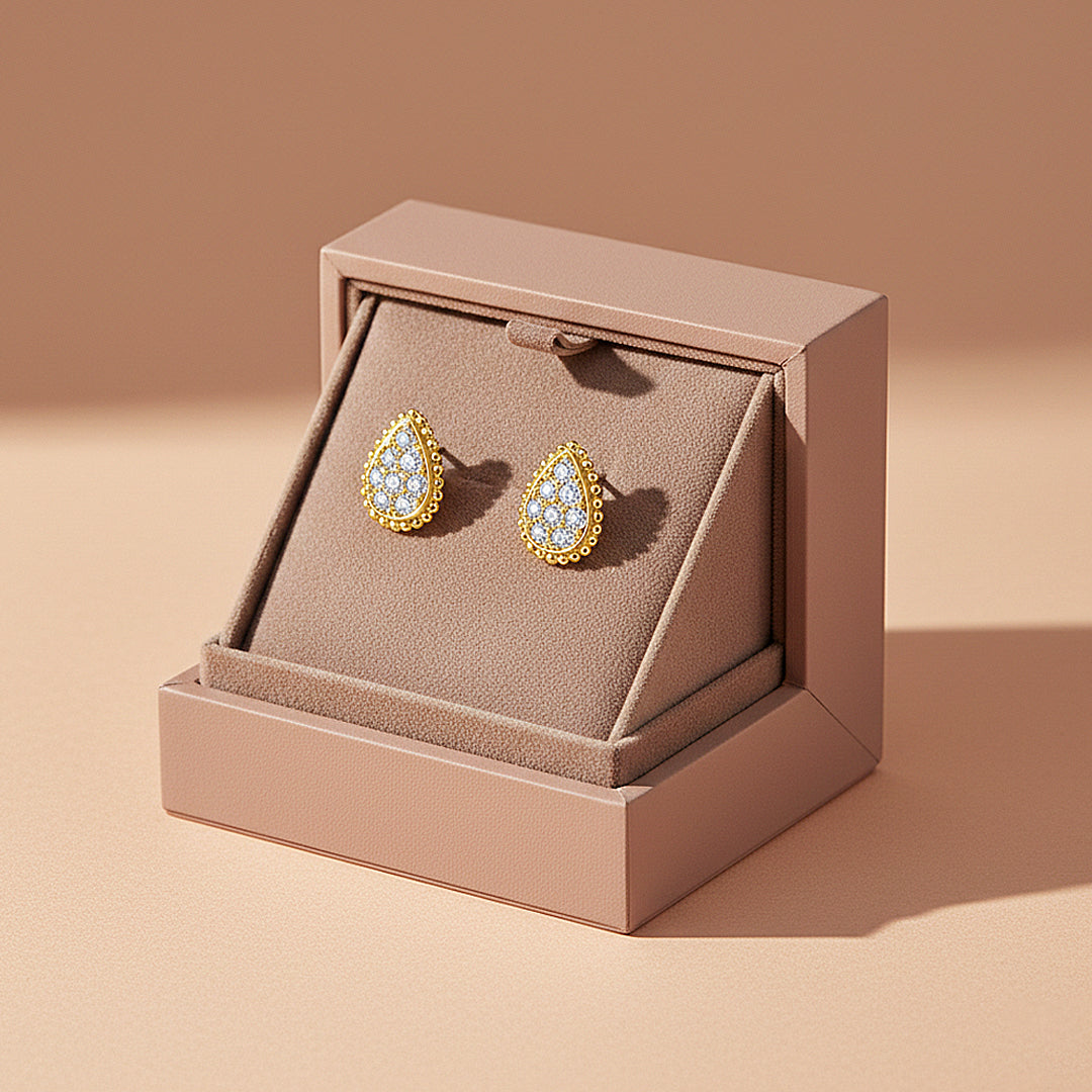 Pear Halo Stud Earrings | Moissanite | 14K Gold Plated 925 Sterling Silver | Prm8160 - Earrings | Singapore Jewellery, Wedding Rings &amp; Gifts | Same Day Delivery | Tiara.com.sg