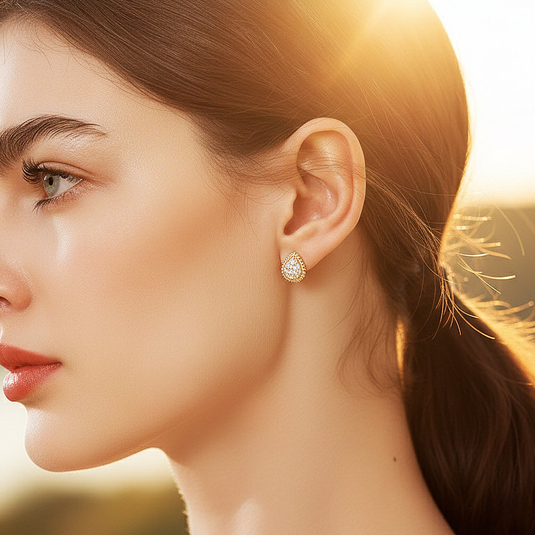 Pear Halo Stud Earrings | Moissanite | 14K Gold Plated 925 Sterling Silver | Prm8160 - Earrings | Singapore Jewellery, Wedding Rings &amp; Gifts | Same Day Delivery | Tiara.com.sg