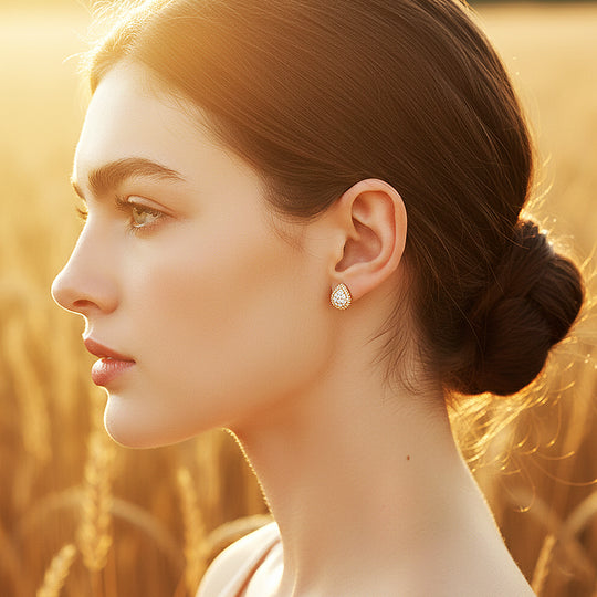 Pear Halo Stud Earrings | Moissanite | 14K Gold Plated 925 Sterling Silver | Prm8160 - Earrings | Singapore Jewellery, Wedding Rings &amp; Gifts | Same Day Delivery | Tiara.com.sg