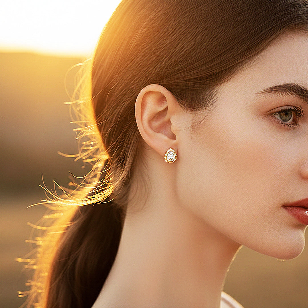 Pear Halo Stud Earrings | Moissanite | 14K Gold Plated 925 Sterling Silver | Prm8160 - Earrings | Singapore Jewellery, Wedding Rings &amp; Gifts | Same Day Delivery | Tiara.com.sg