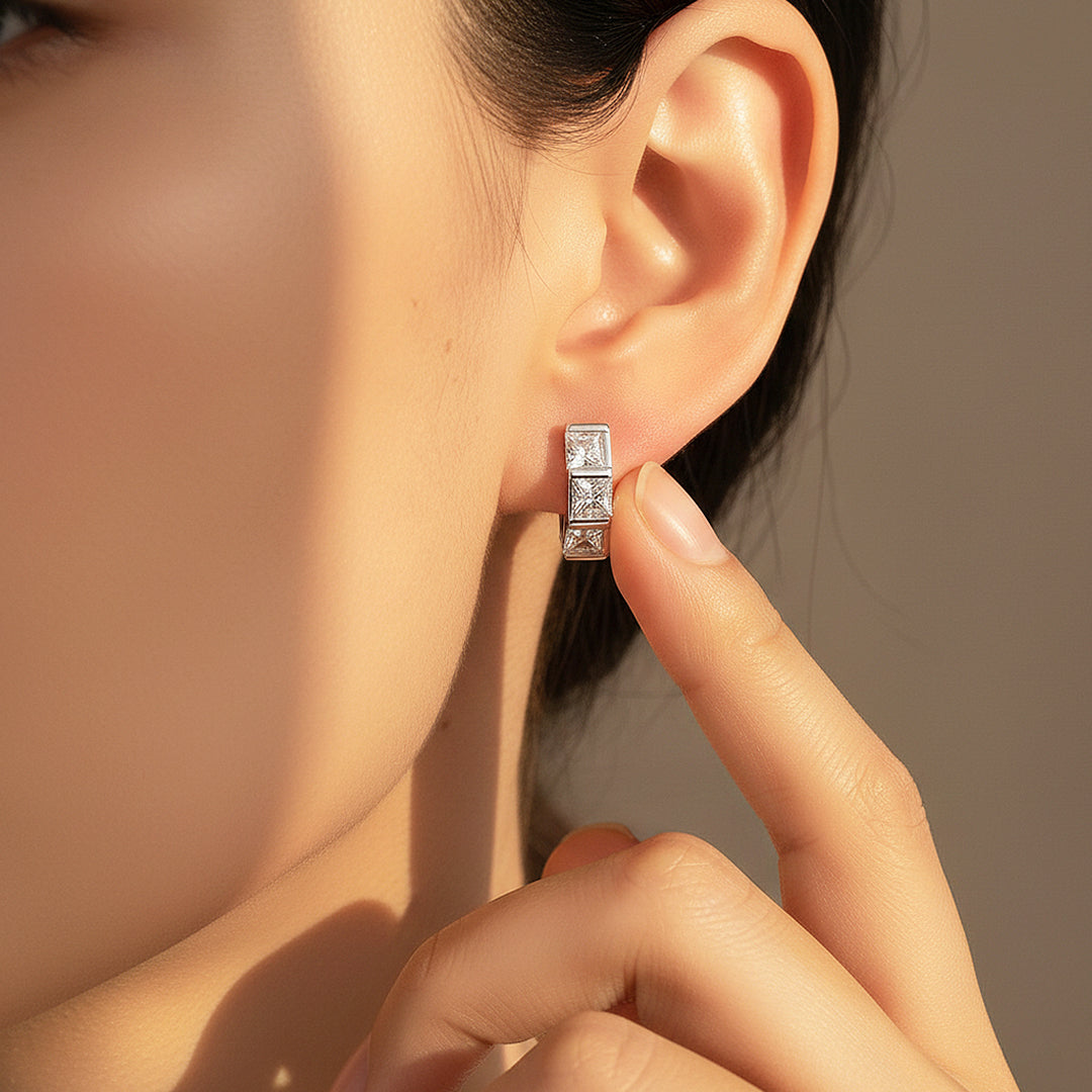 Triple Princess Channel Huggie Earrings | Moissanite | 925 Sterling Silver | Prm8161 - Earrings | Singapore Jewellery, Wedding Rings &amp; Gifts | Same Day Delivery | Tiara.com.sg