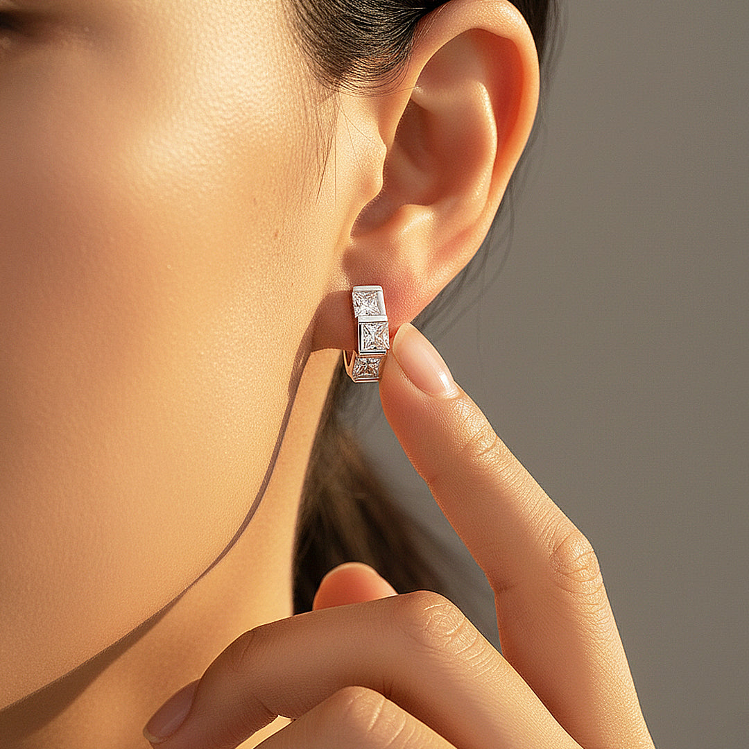 Triple Princess Channel Huggie Earrings | Moissanite | 925 Sterling Silver | Prm8161 - Earrings | Singapore Jewellery, Wedding Rings &amp; Gifts | Same Day Delivery | Tiara.com.sg