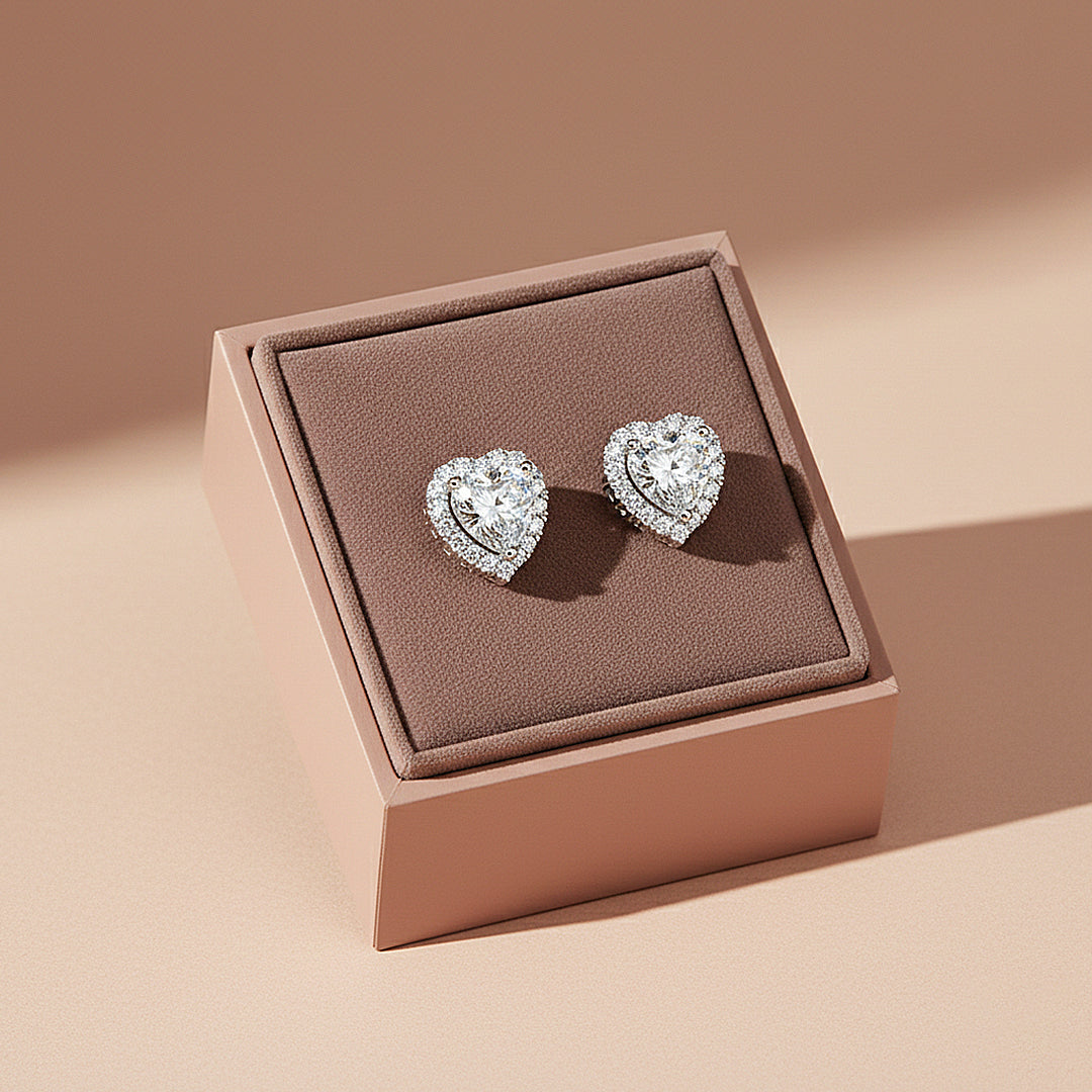Heart Halo Stud Earrings | Moissanite | 925 Sterling Silver | Prm8162 - Earrings | Singapore Jewellery, Wedding Rings &amp; Gifts | Same Day Delivery | Tiara.com.sg
