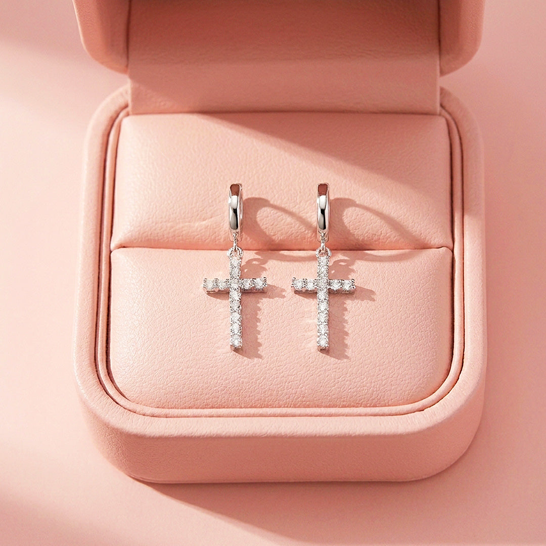 Moissanite Cross Charm Hoop Earrings | 925 Sterling Silver | PRM8166