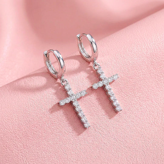 Moissanite Cross Charm Hoop Earrings | 925 Sterling Silver | PRM8166