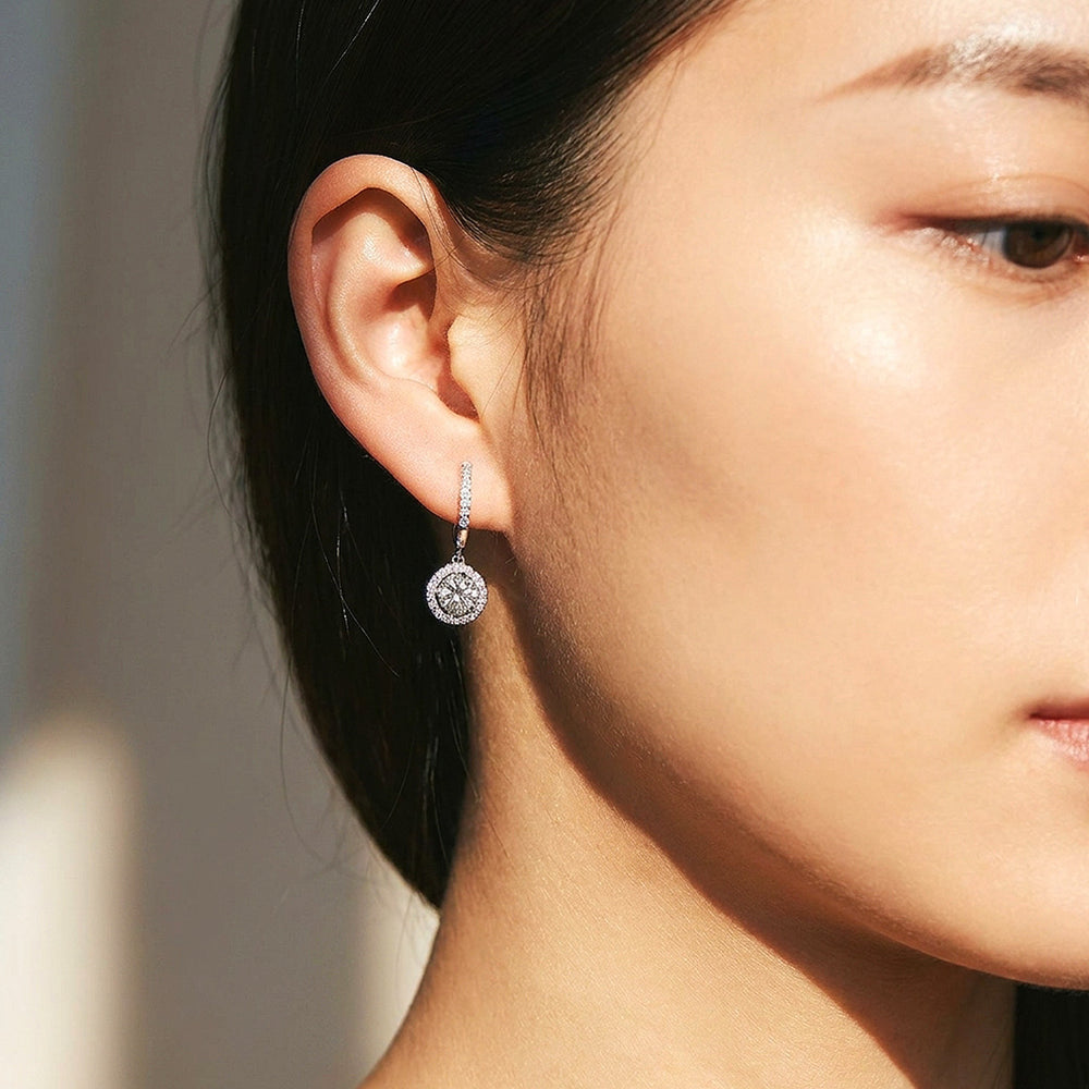 Round Halo Drop Moissanite Earrings | 925 Sterling Silver | PRM8172