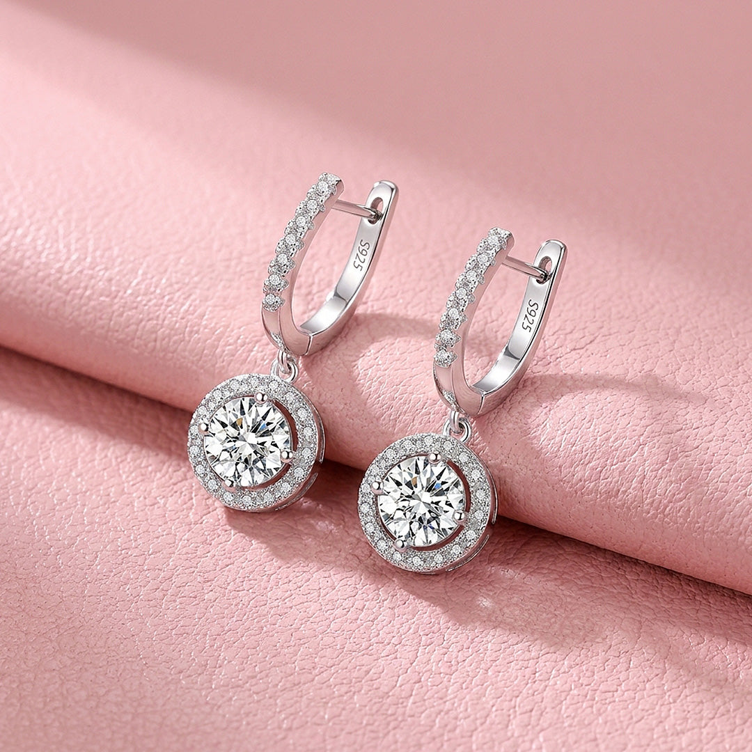 Round Halo Drop Moissanite Earrings | 925 Sterling Silver | PRM8172
