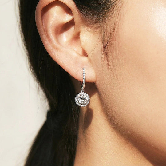 Round Halo Drop Moissanite Earrings | 925 Sterling Silver | PRM8172