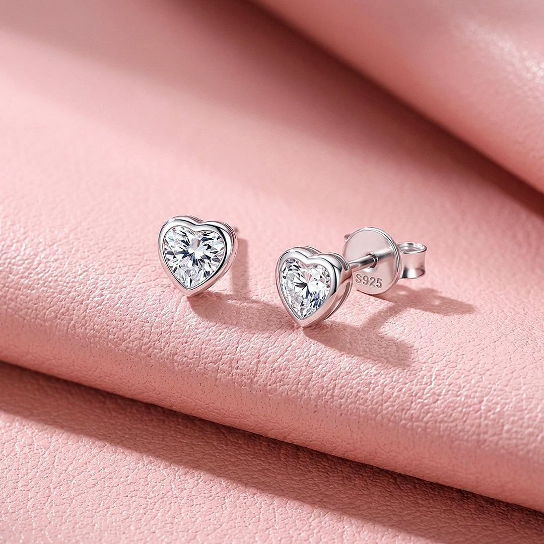 Bezel Heart Moissanite Stud Earrings | 925 Sterling Silver | PRM8182