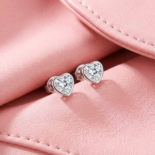 Bezel Heart Moissanite Stud Earrings | 925 Sterling Silver | PRM8182