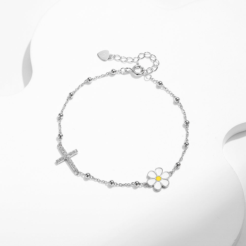 Daisy Cross Bead Link Bracelet | Diamond Simulant | 925 Sterling Silver | Prm9113 - Bracelets | Singapore Jewellery, Wedding Rings & Gifts | Same Day Delivery | Tiara.com.sg